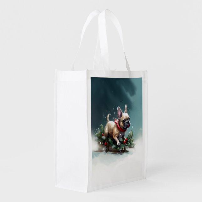French Bulldog Christmas snow winter  Grocery Bag (Back Side)
