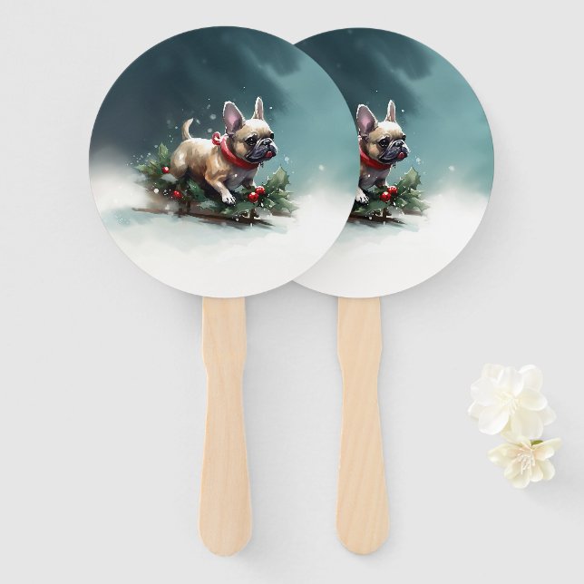 French Bulldog Christmas snow winter  Hand Fan (Front and Back)