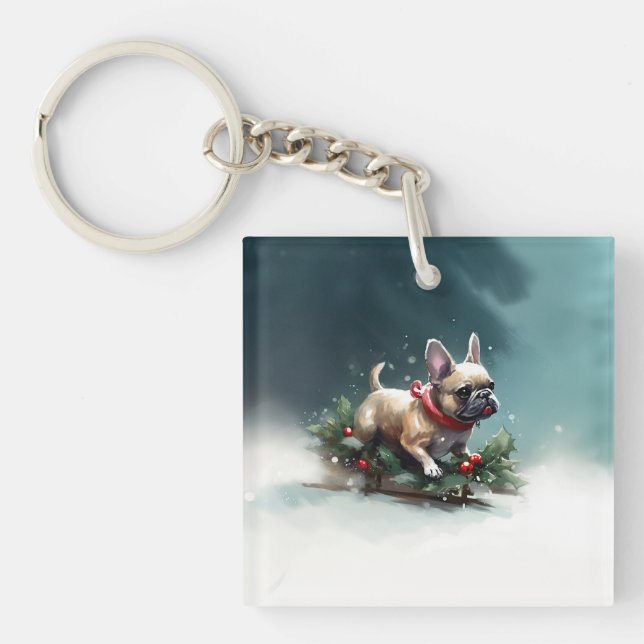French Bulldog Christmas snow winter  Keychain (Front)