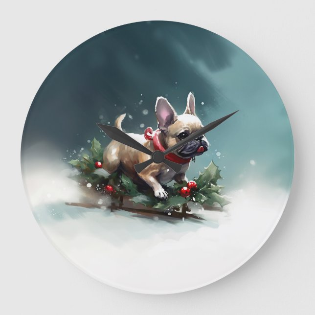French Bulldog Christmas snow winter  Large Clock (Front)