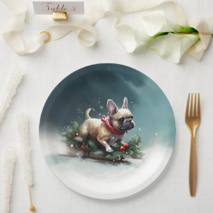 French Bulldog Christmas snow winter  Paper Plates