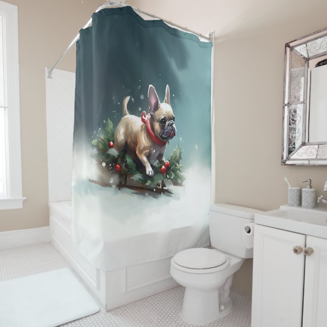 French Bulldog Christmas snow winter  Shower Curtain (In Situ)