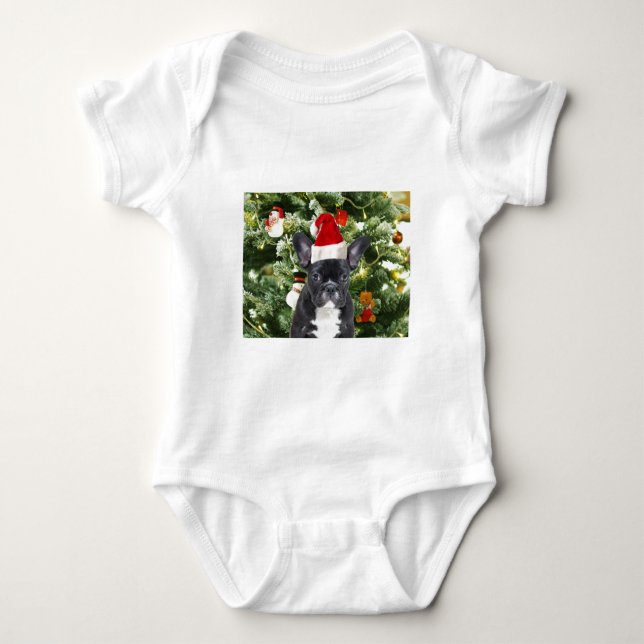 French Bulldog Christmas Tree Ornaments Snowman Baby Bodysuit (Front)