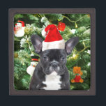 French Bulldog Christmas Tree Ornaments Snowman Keepsake Box<br><div class="desc">Cute French Bulldog with Christmas Tree Ornaments Snow Man in background.</div>