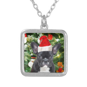 French Bulldog Christmas Tree Ornaments Snowman Silver Plated Necklace