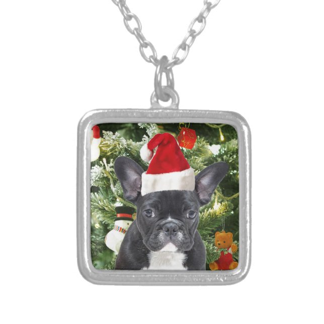 French Bulldog Christmas Tree Ornaments Snowman Silver Plated Necklace (Front)