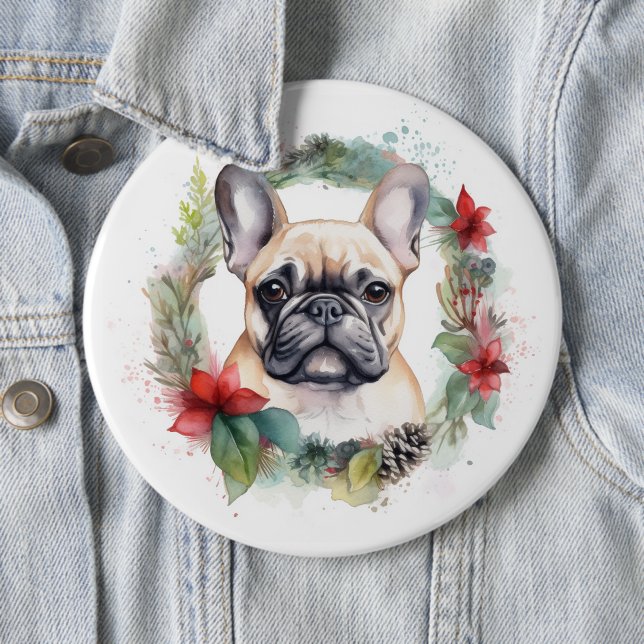 French Bulldog Christmas Wreath Festive Pup Button (In Situ)
