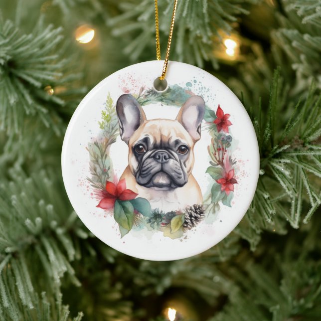 French Bulldog Christmas Wreath Festive Pup Ceramic Ornament (Tree)