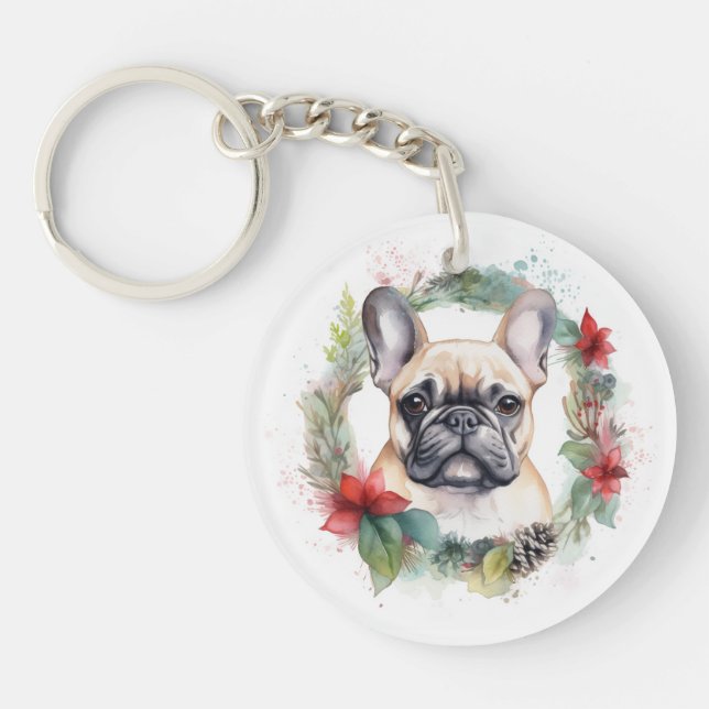 French Bulldog Christmas Wreath Festive Pup Keychain (Front)