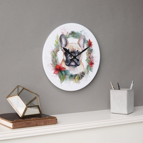 French Bulldog Christmas Wreath Festive Pup Large Clock