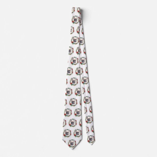 French Bulldog Christmas Wreath Festive Pup Neck Tie (Front)