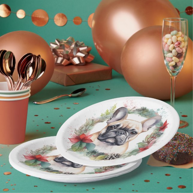 French Bulldog Christmas Wreath Festive Pup Paper Plates (Multi)