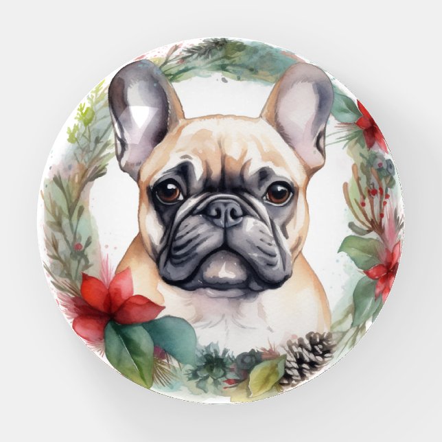 French Bulldog Christmas Wreath Festive Pup Paperweight (Front)