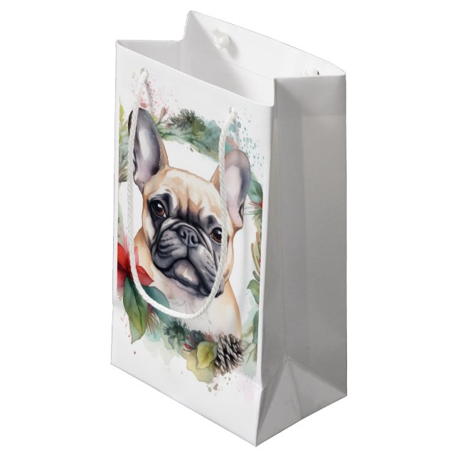 French Bulldog Christmas Wreath Festive Pup Small Gift Bag (Front Angled)