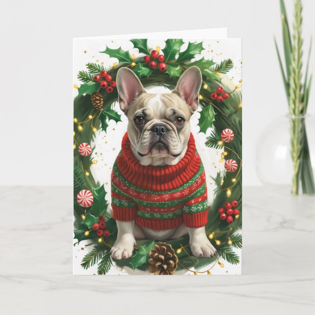 French Bulldog Christmas Wreath Holiday Art Card (Front)