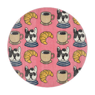 French bulldog, coffee, croissant theme. cutting board