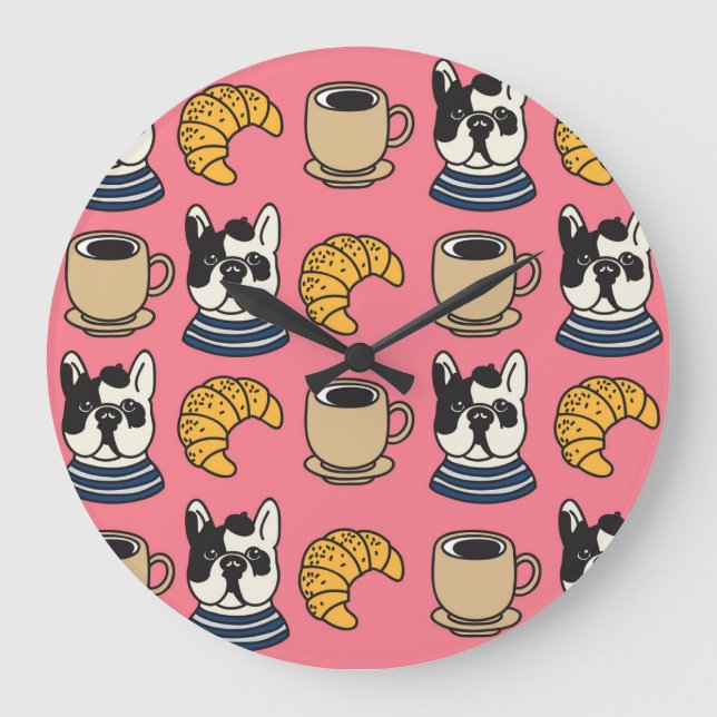 French bulldog, coffee, croissant theme. large clock (Front)