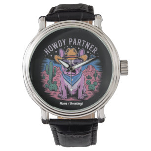 French Bulldog Cowboy UFO Funny Vintage Western Watch