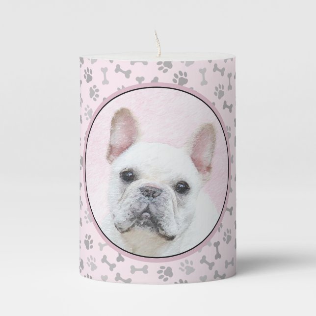 French Bulldog (Cream/White) Painting - Dog Art Pillar Candle (Front)