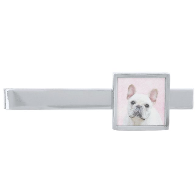 French Bulldog (Cream/White) Painting - Dog Art Silver Finish Tie Bar (Front)
