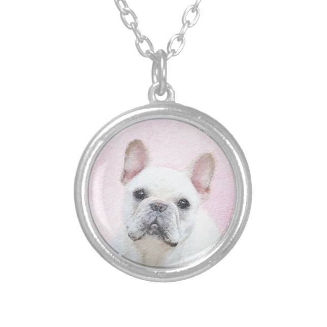 French Bulldog (Cream/White) Painting - Dog Art Silver Plated Necklace (Front)
