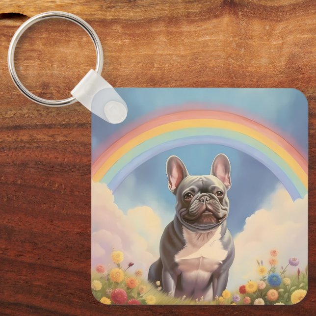 French Bulldog Custom Dog Name Rainbow Frenchie Keychain (Front)