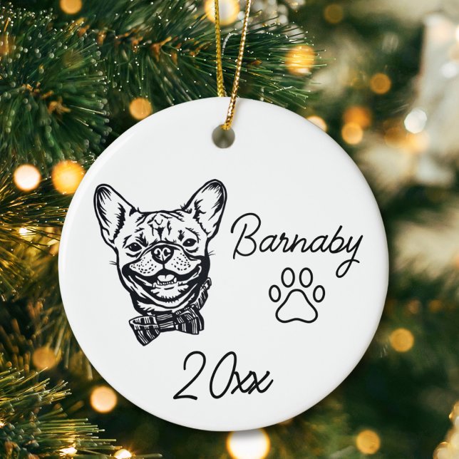 French Bulldog Custom Name & Year Line Art Ceramic Ornament (French BullDog Custom Name and Year Ornament with Paw Print. Black and White Line Art Modern)