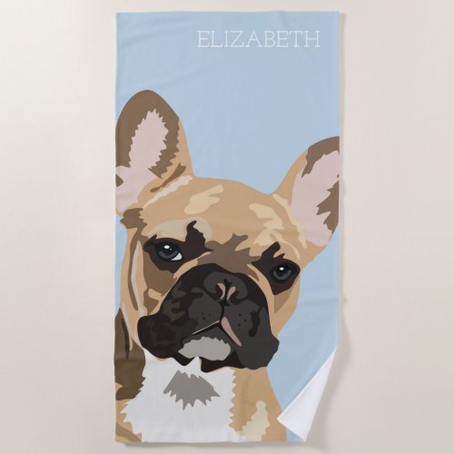 French Bulldog | Cute Frenchie Beach Towel - Personalized pop art french bulldog beach towel featuring a cute red fawn frenchie on a pastel blue background that can be changed to any color, and your name.