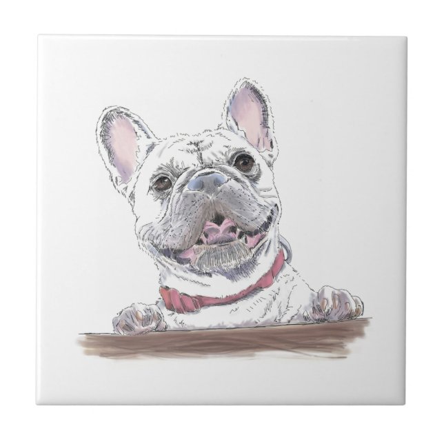French Bulldog Cute Happy Drawing | Got Treats Ceramic Tile (Front)