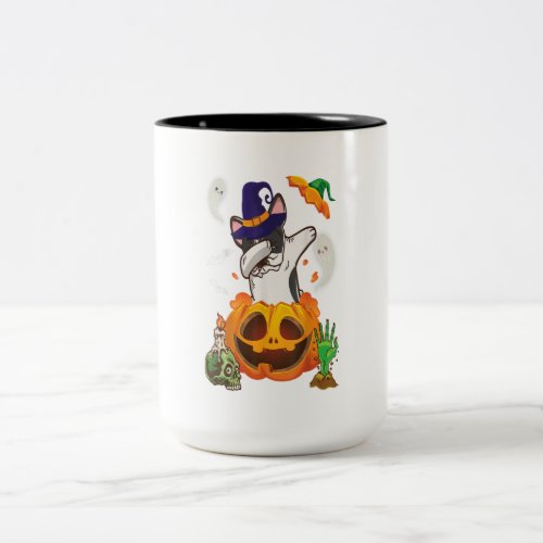 French Bulldog Dabbing To Open Pumpkin Egg Happy Two_Tone Coffee Mug