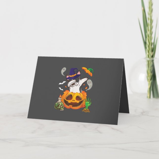 French Bulldog Dabbing To Open Pumpkin Halloween Holiday Card (Front)