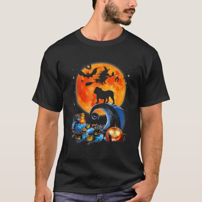 French Bulldog Dog And Moon Funny Halloween Costum T-Shirt (Front)