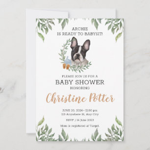 French Bulldog Dog Boy Boho Greenery Baby Shower Invitation