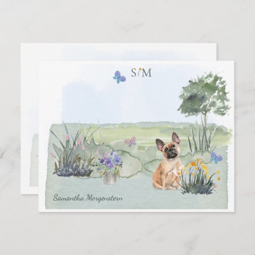 French Bulldog Dog Butterfly Monogram Name    Note Card