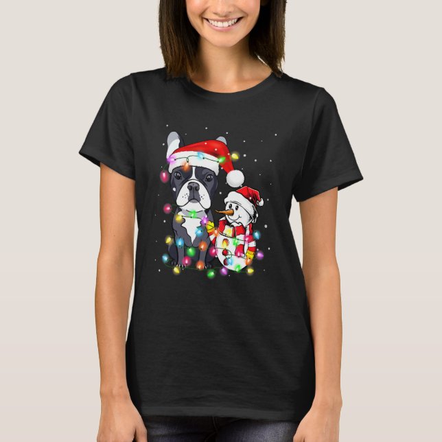 French Bulldog Dog Christmas Snowman Lights Pajama T-Shirt (Front)