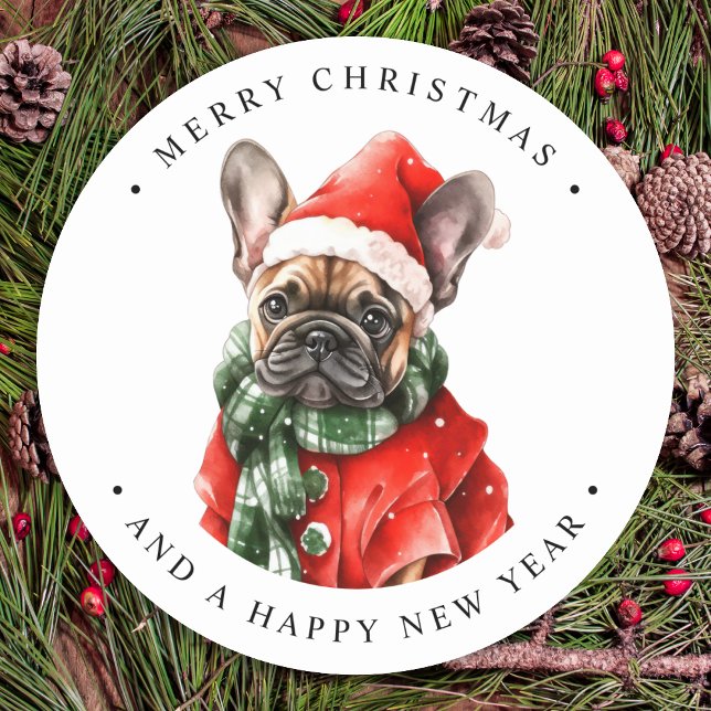 French Bulldog Dog Festive Cute Merry Christmas  Classic Round Sticker (Creator Uploaded)