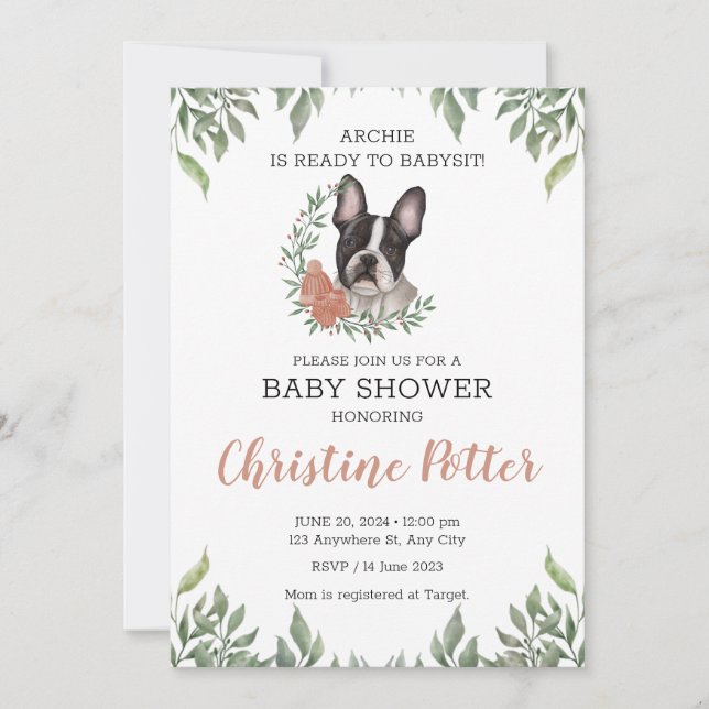 French Bulldog Dog Girl Boho Greenery Baby Shower Invitation (Front)