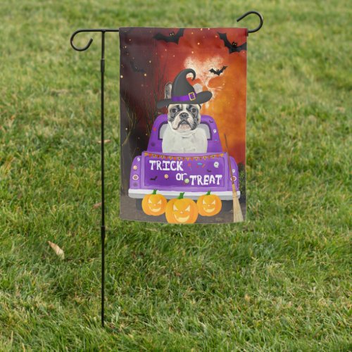 French Bulldog Dog in Halloween Truck Garden Flag