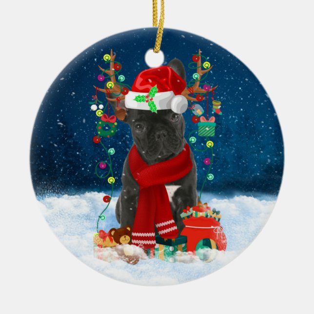 French Bulldog Dog in Snow with Christmas Gifts Ceramic Ornament (Front)