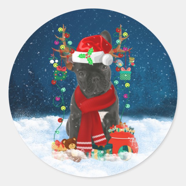 French Bulldog Dog in Snow with Christmas Gifts  Classic Round Sticker (Front)