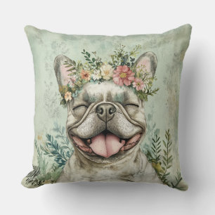 French Bulldog Dog Lover Green Floral Throw Pillow