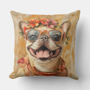 French Bulldog Dog Lover Orange Floral Throw Pillow