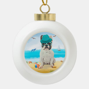 French Bulldog Dog on Beach Ceramic Ball Christmas Ornament