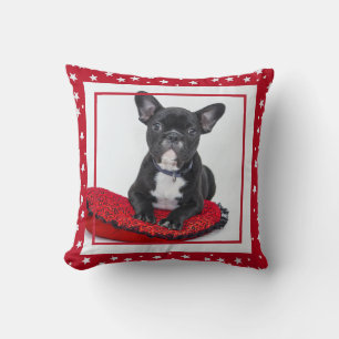 French Bulldog Dog Photo Red Star Christmas Throw Pillow