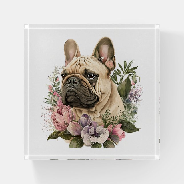 French Bulldog Dog Pink Flowers Green Leaves Paperweight (Front)