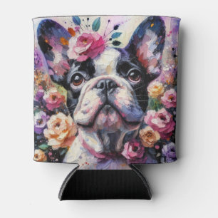 French Bulldog Dog Roses Floral Pink Black White Can Cooler