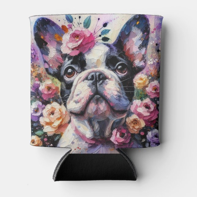French Bulldog Dog Roses Floral Pink Black White Can Cooler (Front)