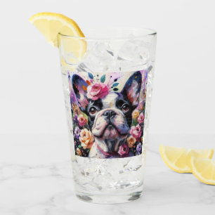 French Bulldog Dog Roses Floral Pink Black White Glass