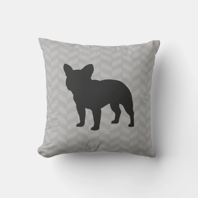 French Bulldog Dog Silhouette Grey Herringbone Throw Pillow (Front)