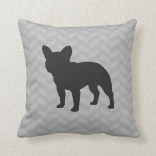 French Bulldog Dog Silhouette Grey Herringbone Throw Pillow